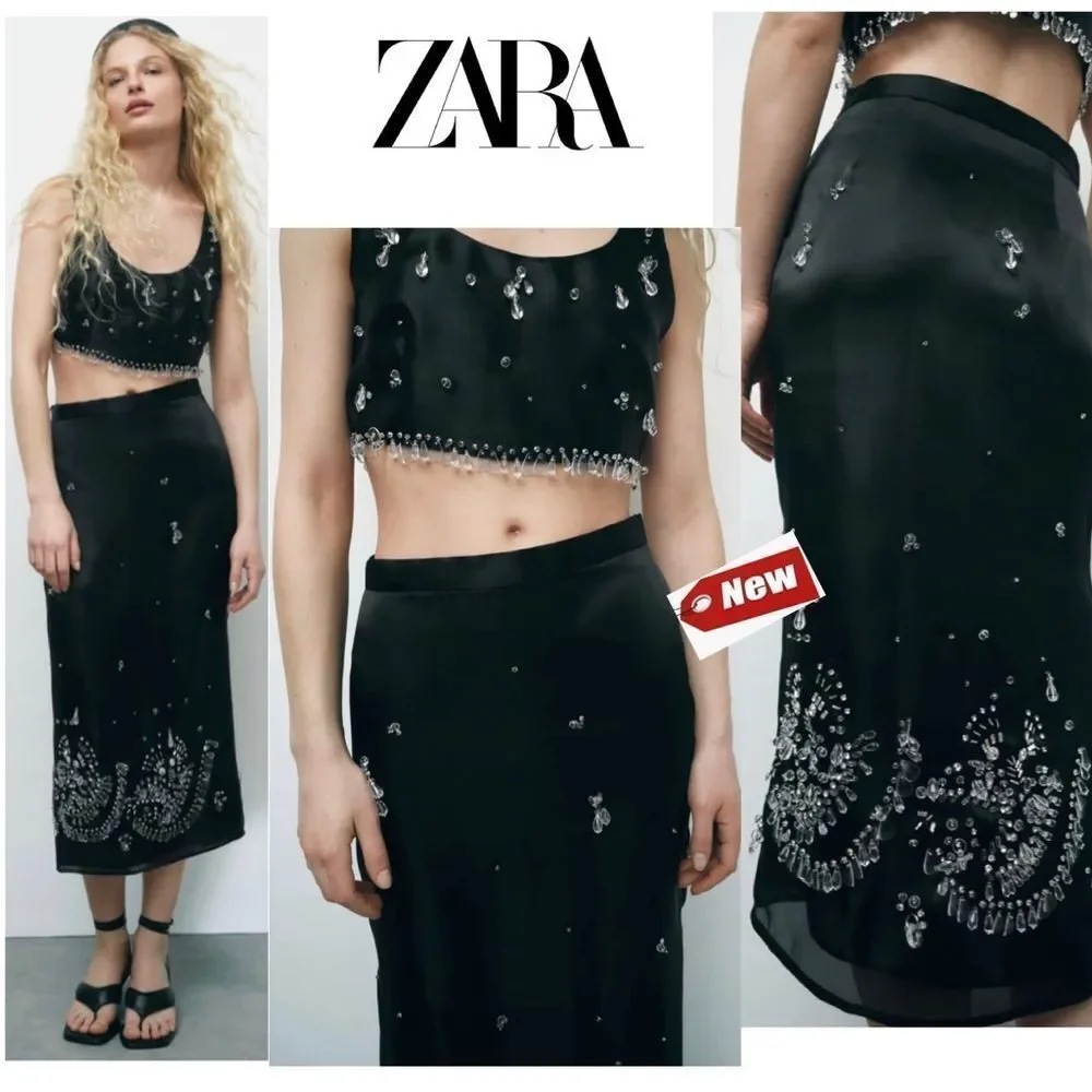 ZARA black Jewel trim satin midi skirt limited Edition Sz XS NWT